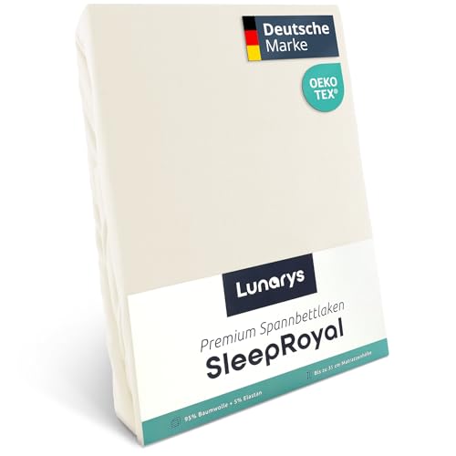 Lunarys® SleepRoyal Luxus Spannbettlaken 200x220 cm - Creme - 250 g/m² Premium Bettlaken - 40 cm Steghöhe - für hohe Matratzen, Boxspringbett & Matratze + Topper & Wasserbett - Stretch Jersey von Lunarys