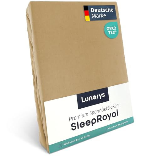 Lunarys® SleepRoyal Luxus Spannbettlaken 200x220 cm - Sand - 250 g/m² Premium Bettlaken - 40 cm Steghöhe für hohe Matratzen, Boxspringbett & Matratze + Topper & Wasserbett - Stretch Jersey von Lunarys