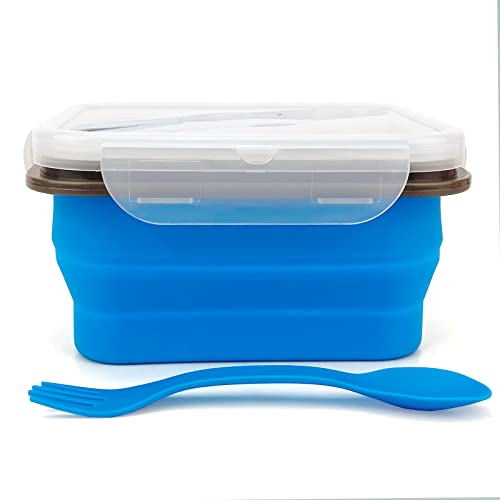 Lunbengo Kleine Camping-Lebensmittelbehälter, 700 ml, faltbare Bento-Box, Silikon-Lunchbox, faltbare Frischhaltedosen, mit 2-in-1-Geschirr und luftdichtem Deckel, Blau von Lunbengo