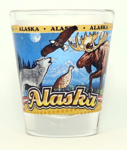 Lunch Money State of Alaska Wraparound Schnapsglas mit einigen der Wildtiere Alaskas von Lunch Money
