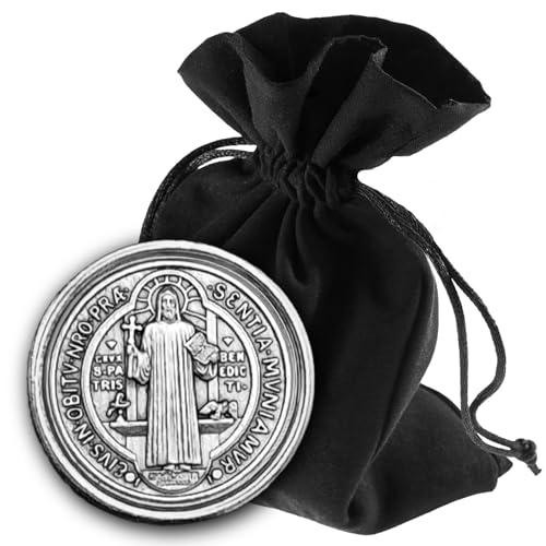LUNEXUS Benediktus Magnet Silber Ø 3cm - gesegnet - Schutzplakette mit Klebepad – St. Benedikt Medaille für Auto, Kühlschrank – Sankt Benediktus Plakette, Heiliger Benedikt Schutzpatron mit Silberrand von Lunexus