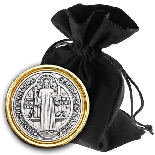 LUNEXUS Benediktus Plakette Gold Ø 3cm - gesegnet - Schutzmedaille mit Magnet & Klebepad – St. Benediktus Schutzsymbol für Auto, Tür & Kühlschrank – Heiliger Benedikt Magnet, Sankt Benediktus Medaille von Lunexus
