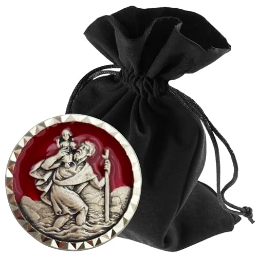 LUNEXUS Christophorus Auto Magnet Ø 2,3 cm – Christopherus Plakette gesegnet Emaille Rot mit Zertifikat – Schutzpatron Autofahrer – Magnetisch & selbstklebend – Auto Glücksbringer Heimfahrt von Lunexus