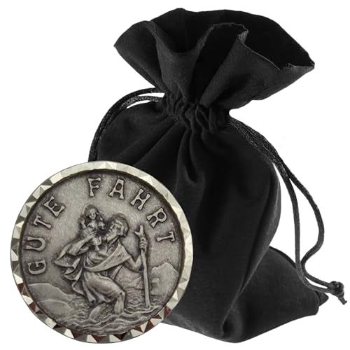 LUNEXUS Christophorus Auto Magnet Ø 3,0 cm – HL. Christopherus Plakette „Gute Fahrt“ gesegnet mit Zertifikat – Schutzpatron Autofahrer – Klebepad & Magnet – Auto Glücksbringer für sichere Fahrt von Lunexus