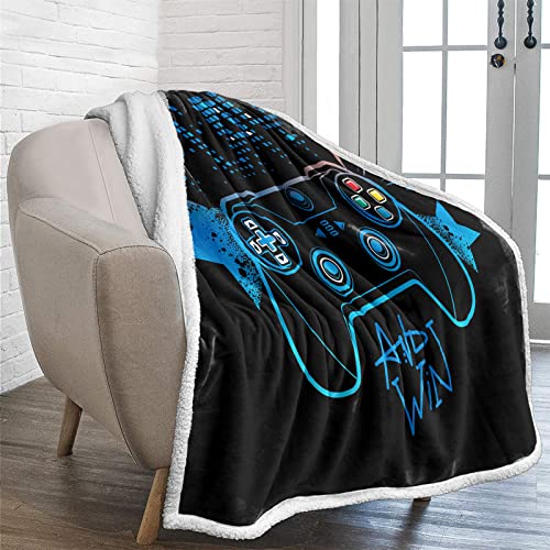 Lunoroey Gamer Decke Überwurf Jungen Bettwäsche Gamepad Gaming Controller Design Blau Schwarz Sherpa Fleece Decke Überwurf Super Weich Sofadecke 150 x 200 cm von Lunoroey