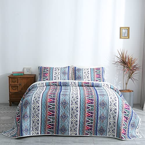 Lunoroey Gesteppte Tagesdecken Bohemian Bedapread Doppelbettdecke Blau Blumenmuster Patchwork Steppdecke Bettüberwurf mit 2 Kissenbezügen für alle Jahreszeiten von Lunoroey