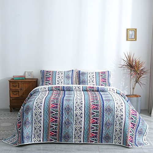 Lunoroey Bedapread gesteppte Tagesdecken für King-Size-Betten, Bohemian-Patchwork-Steppdecke, Bettüberwurf mit 2 Kissenbezügen, für alle Jahreszeiten, Blau von Lunoroey