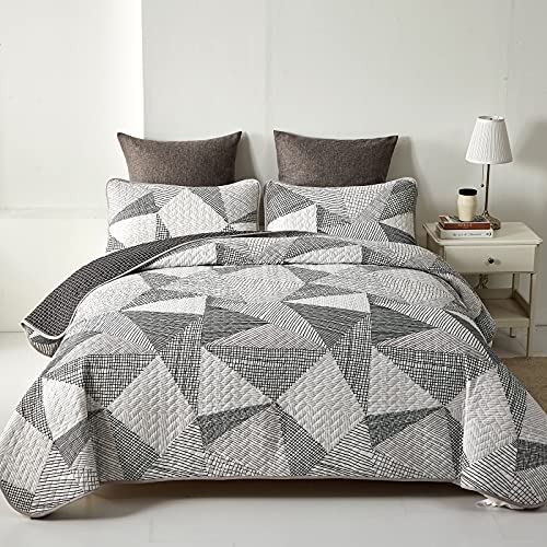 Lunoroey Tagesdecke für Doppelbett, grau, geometrisch, gesteppt, gestreift, dreieckig, leicht, Tagesdecken, Decken, Set, Ganzjahres-Bettüberwurf-Set von Lunoroey