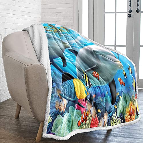 Ocean Überwurf-Decke, Sherpa-Fleecedecke, Meerestiere, Delfin, bedruckt, Überwurf, flauschig, dick, weich, gemütlich, Plüsch, Sherpa-Decke für Couch, Bett, Sofa, 130 x 150 cm von Lunoroey