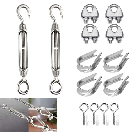 2 Stück Spannschloss Set, aus Edelstahl 304, Ösenverstellbares Spannschloss, Inkl 4 Drahtseil Kauschen, 4 Drahtseilklemmen und 4 Ösenschrauben, für Sonnensegel, Gartendraht und Zaunspanner von Lunpog