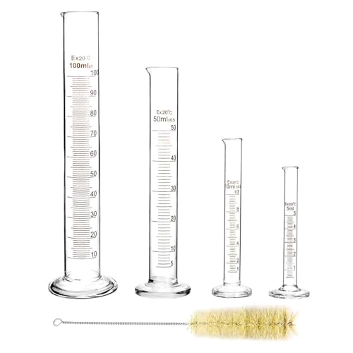 4 Stück Messzylinder Glas, 5 ml 10 ml 50 ml 100 ml, mit 1 Pinsel, Glas Reagenzgläser für Labor und Handwerk von Lunpog