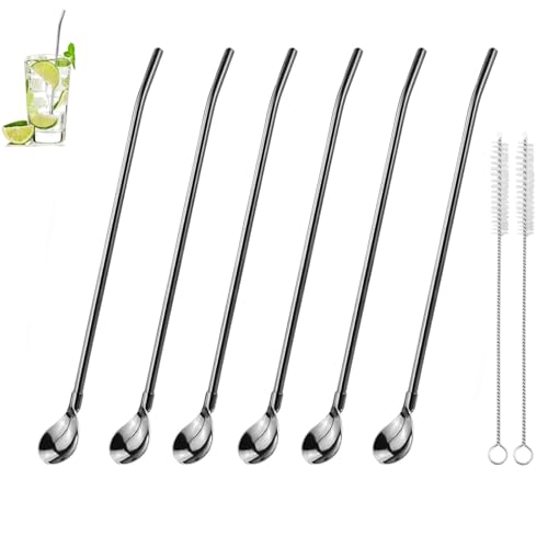 6 Stück Edelstahl Trinkhalm Trinkhalmlöffel lang Löffelstrohhalme Wiederverwendbare Löffelhalme Metalllöffel mit 2 Stück Strohhalm Reinigungsbürste für Smoothies, Milchshakes, Cocktail, Kaffee von Lunpog