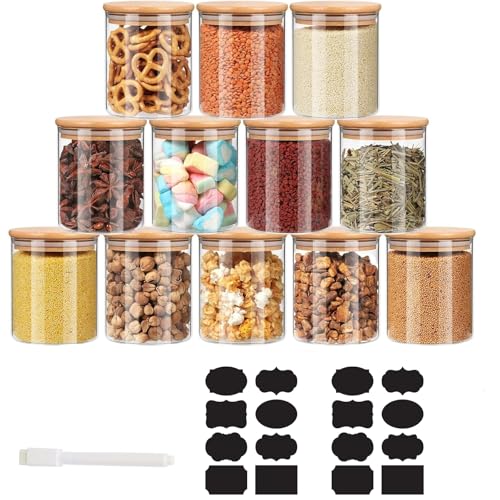 6 Stück Vorratsgläser Glas Rund 200ml, Vorratsdosen Glas mit Bambusdeckel Luftdicht, gewürzgläser glas set, glasbehälter mit Etikette für Cerealien, Nuss, Pulver（mit 2 Aufkleber und einen Stift） von Lunpog