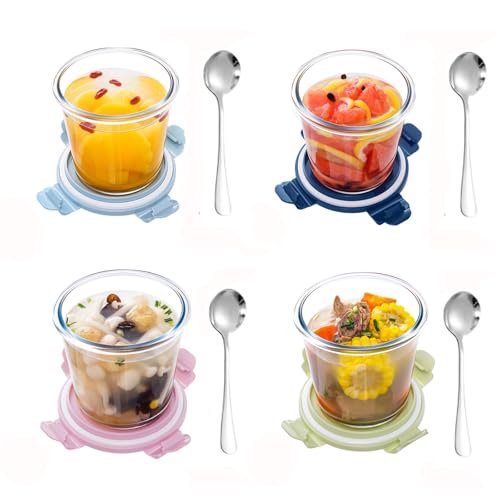 800 ml Glass Container with Lid, 4 Glass Soup Containers, Glass Jar with Lid, Meal Prep Glasses, Kitchen Soup Containers, Glass Bowls with Airtight Lids, Microwave, BPA-Free, mit 4 runder Löffel von Lunpog