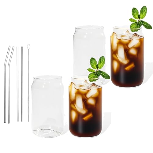 Lunpog Eiskaffee Gläser, 4 Stück Cocktailgläser 400ml, Saftglas, Bier Glas, Wassergläser, Iced Coffee Glas, Glasbecher mit Stroh und Pipettenpinsel für Cocktailgläser Longdrinkgläser Tee von Lunpog
