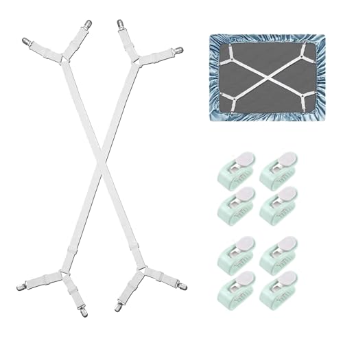 Lunpog 2 Stück Bettlakenspanner Verstellbar, 100-250cm Elastische Bettlakenspanner mit 8 Bettdeckenbezug-Clips für Bettlaken, Matratze, Sofa, Bügelbrett(Weiß) von Lunpog