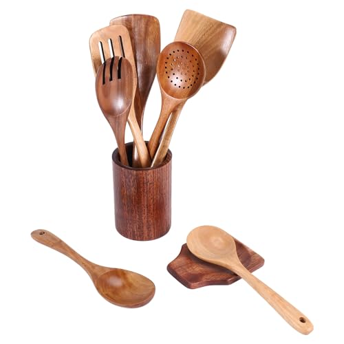 Luntfeiy 9 PCS HolzlöFfel zum Kochen, Holzutensilien zum Kochen mit Utensilienhalter, KüChenutensilien-Set Aus Teakholz von Luntfeiy