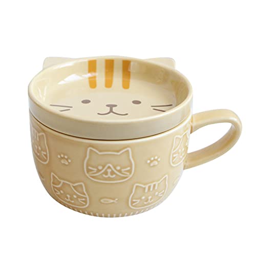 Luntfeiy Kreative Keramik Kaffee Tassen mit Deckel, SüßE Katze, Porzellan Tassen, Familie, FrüHstüCk, Milch, Saft, GeträNke (Gelb) von Luntfeiy