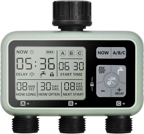 Bewässerungs-Timer mit 3 Wegen, programmierbarer Wasser-Timer, Bewässerungscomputer für den Garten, mit Regen-Verzögerung, automatische und manuelle Bewässerung, für Garten, Rasen, Terrasse, Bauernhof von Lununux
