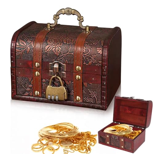 Lunyloer Vintage Holz Schatztruhe, Schatzkiste Holz mit Schloss, Schatzkiste Kindergeburtstag, Mini Schatztruhe für Aufbewahrung Und Dekoration (16 x12 x 11cm) von Lunyloer