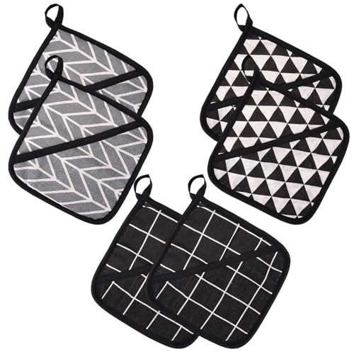 6 Stück Topflappen Kitchen, Quadratischer Topflappen Mit Tasche, Mit Aufhängeschlaufe, Einfach aufzuhängen, für die Kuche, Kochen, Backen, Küchenzubehör, Schwarz und Grau, (18 x 18 cm) von Lunza