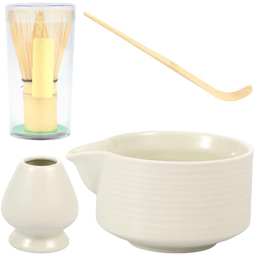 4-teiliges Matcha-Tee-Werkzeugset, Matcha-Schneebesen-Set, Teezubereitungsset mit Schaufel, Schneebesenhalter und Schüssel for Anfänger Enthusiasten für die Matcha-Zubereitung(White) von LuoAXINN