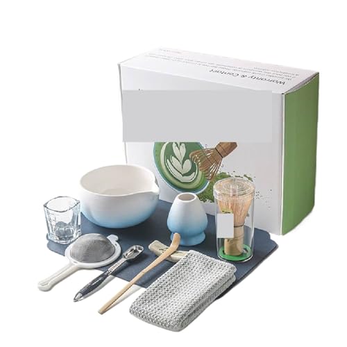9/10 stücke Matcha Tee Mixer Set Kit Mit Keramik Schüssel Schneebesen Löffel Halter Sieb für die Matcha-Zubereitung(Blue 10pcs) von LuoAXINN