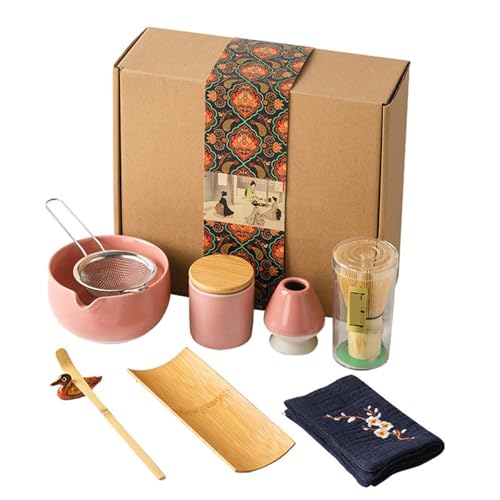 9/10 stücke Matcha Tee Mixer Set Kit Mit Keramik Schüssel Schneebesen Löffel Halter Sieb für die Matcha-Zubereitung(Pink 9pcs) von LuoAXINN