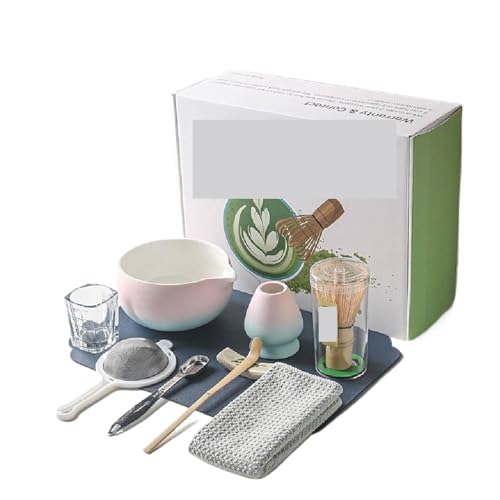 9/10 stücke Matcha Tee Mixer Set Kit Mit Keramik Schüssel Schneebesen Löffel Halter Sieb für die Matcha-Zubereitung(Pink with blue 10pcs) von LuoAXINN