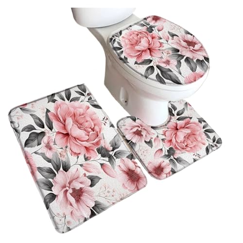 LuoAXINN Floral Bath Mat Set Plant Home Carpet Bathroom Decor Floor Rugs Toilet Cover für Badezimmer, Toilette und Dusche(Color1-3pcs Set) von LuoAXINN