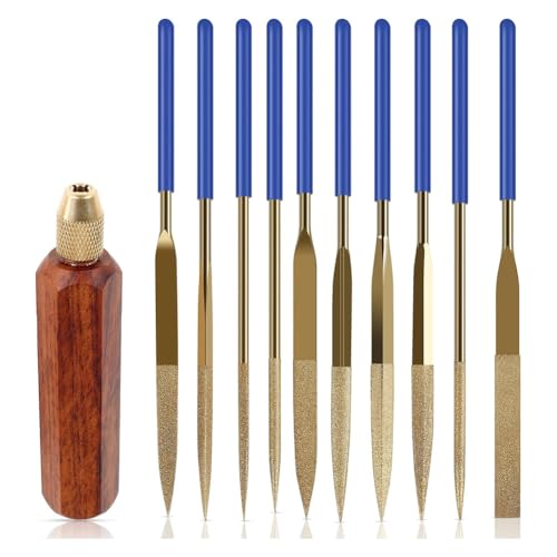 Luobannm 10-Teiliges Nadelfeilen-Set, Holzgriffe mit Messing-Spannzange, Balance-Stoßdämpfung, Holzgrifffeile, Runder von Luobannm