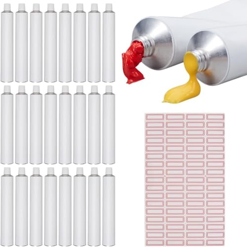 Luobannm 24 Stück Weiße Leere Ölfarbentuben, 60 Ml, Leere Aluminium-Farbtuben, Leere Zahnpasta-Farbtuben mit 1 Selbstklebendem Blatt von Luobannm