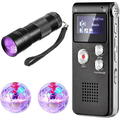 Luobannm 4-Teiliges Ausrüstungsset, Bestehend Aus 1 Digitalem -Diktiergerät, 2 LED-Leuchtbällen für Katzen, 1 Schwarzer UV-Taschenlampe, 8 GB von Luobannm