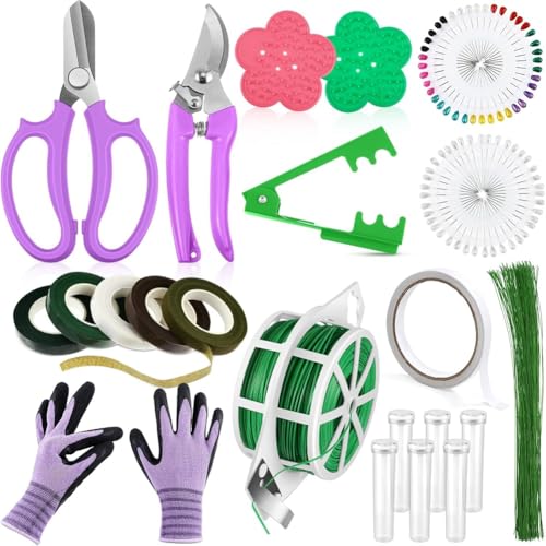 Luobannm Floristik-Werkzeug-Set, Gartenschere, Feste Gartenschutzhandschuhe, 22/26 Gauge Paddeldraht, Stangendrahtperle, Korsagen-Nadel C von Luobannm