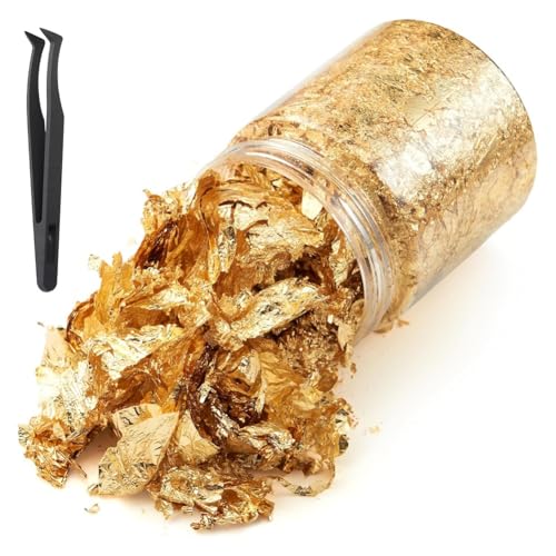 Luobannm Goldfolien-Blattflocken mit Pinzette, 10 G Metallische Goldfolienflocken für Harz, mit Pinzette, Imitation für Nail Art von Luobannm