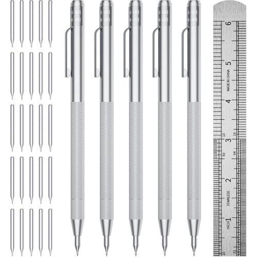 Luobannm Metallschreiber-Werkzeug 5-Pack-Wolfram-Carbid-Sciber Einschließlich 25 Ersatzmarkierungs-Tipps und Stahllineer-Für-Glas, Keramik von Luobannm