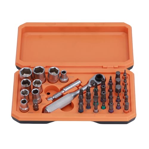 Luocute 42 in 1 Ratsche-Sockelschlüssel-Set, S2-Stahlfahrerbits 72-Zahn-Ratschengriff mit 9 CRV-Steckdosen 30 Farbringbits für Mechanische Möbelfahrradauto-Reparaturen von Luocute