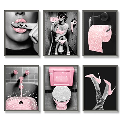 Luodroduo Fashion Wall Art Bathroom Decor Prints Set of 6 Pink Glam Glitter Tissue Canvas Posters Pictures Photos Bathroom Artwork Wall Black and White Modern Women Funny Bathroom (8"x10" UNFRAMED) von Luodroduo