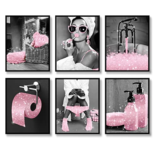 Luodroduo Fashion Wall Art Decor Prints Set of 6 Black and White Pink Glam Glitter Canvas Poster Pictures Photos Artwork Wall Modern Women Funny Bathroom (B&W Pink, 20,3 x 25,4 cm ungerahmt) von Luodroduo