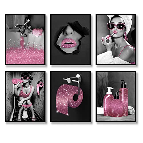 Fashion Wall Art Badezimmer Dekor Drucke Set von 6 Pink Schwarz und Weiß Glam Glitter Tissue Leinwand Poster Bilder Fotos Badezimmer Kunstwerk Wand Moderne Frauen Lustiges Badezimmer (B&W Pink, 20,3 x von Luodroduo