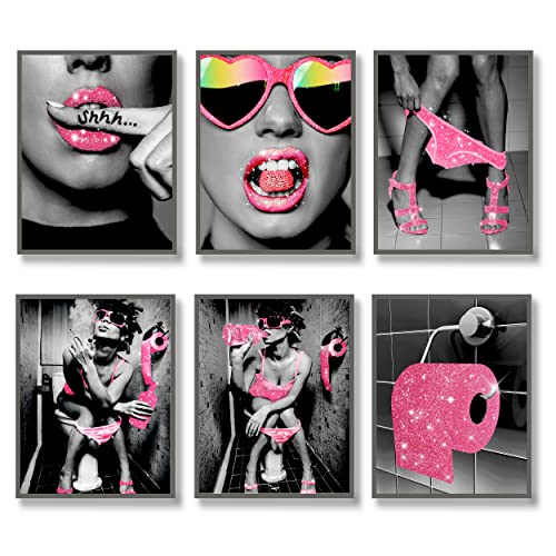 Luodroduo Modische Wandkunst, Badezimmer-Dekor-Drucke, Set mit 6 rosa Glitzer, Seidenpapier, Poster, Bilder, Fotos, lustig, modern, Frauen, Badezimmer, WC, Kunstwerk, Wand, Schwarz und Weiß, 20,3 x von Luodroduo