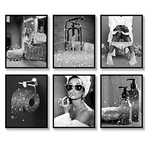 Modische Wandkunst, Badezimmer-Wanddekor-Drucke, Set Mit 6 Schwarzen Und Weißen Glitzer-Leinwandpostern, Bilder, Fotos, Kunstwerk, Wand, Modern, Lustig (Schwarz Und von Luodroduo