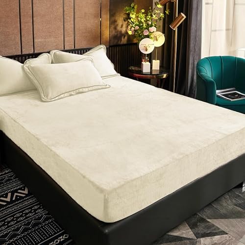 Luofanfei 180x200 Spannbettlaken Plüsch Bettlaken Weiße Beige Warme Leintuch Boxspringbett Frottee Samt Uni Spannleintuch Doppelbett Muster Leintuch für Hohe Matratze Hoher Steg bis 25-30 cm von Luofanfei