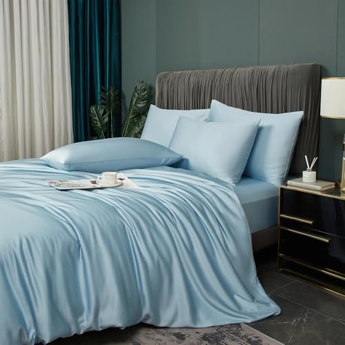 Luofanfei Bambus Bettwäsche 135x200 cm Blau Hellblau Sommer Kühlende Uni Bambusfasern Lyocell Glänzend Bettwäsche Set Atmungsaktiv Bamboo Zweiteilig Bettbezug 135 200 Einzelbett mit Reissverschluss von Luofanfei