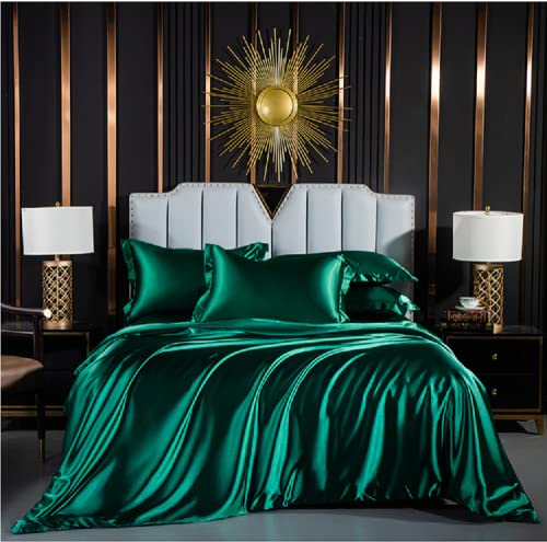 Bettbezug, 220 x 240 cm, Dunkelgrün, Satin, Bettwäsche, einfarbig, für Erwachsene, Doppelbett, modern, einfarbig, Bettwäsche mit Reißverschluss und 2 x 65 x 65 cm, Kissenbezüge von Luofanfei
