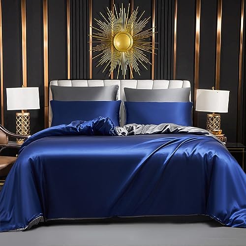 Bettbezug, Satin, 220 x 240 cm, Blau, Grau, Erwachsene, für Doppelbett, Satin, Bettwäsche, einfarbig, seidig, glänzend, modern, Set mit Reißverschluss und 2 x 65 x 65 cm Kissenbezüge von Luofanfei