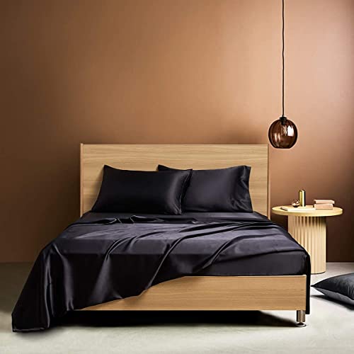 Bettlaken Spannbettlaken 90x200 cm Schwarz Frottee Boxspringbett Topper Satin Seide Muster Glänzend Seiden Spannbetttuch 90 x 200cm Uni Spannbetttücher für Hohe Matratze bis 25-30 cm von Luofanfei