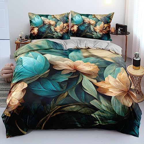 Bettwäsche 135x200 4teilig Blumen Blau Petrol Grau Vintage 3D Blüten Pflanzen Bettwäsche Set Orientalisch Geblümt Floral Blümchen Microfaser Bettbezüge Paare 135 x 200 Einzelbett Set Bettdecke von Luofanfei