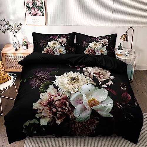 Bettwäsche 135x200 4teilig Blumen Schwarz Blüten Muster 3D Pflanzen Vintage Bettwäsche Set Sommer Geblümt Floral Blumenmuster Microfaser Bettbezüge Paare Einzelbett Set und 2 Kissenbezüge 80x80cm von Luofanfei