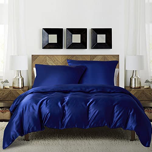 Bettwäsche 135x200cm 4teilig Blau Marineblau Satin Glänzend Seide Einfarbig Bettbezug Set Glatt Luxus Bettwäsche Set Glanzsatin Polyester Einzelbett mit Reissverschluss und Kissenbezüge 80x80 cm von Luofanfei